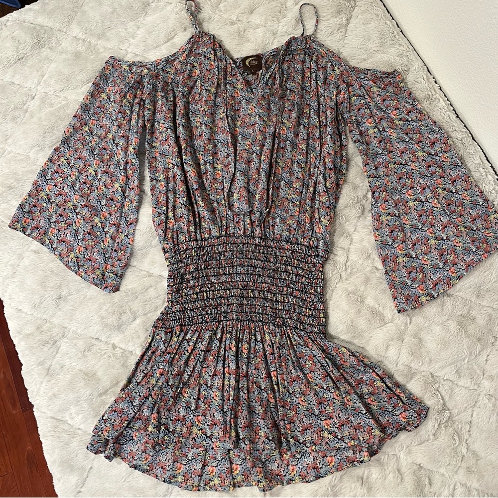 Blu Moon Cold Shoulder Smocked Hips Floral Print Mini Dress Size S